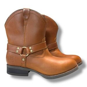 Frye Brown Harness Leather Western Moto Boots Women Size 7 NWOT